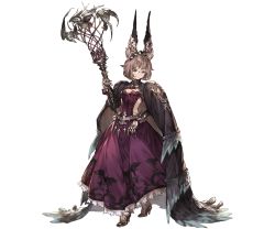 Rule 34 | 1girl, animal ears, breasts, brown hair, cape, cleavage, constance (granblue fantasy), dress, elbow gloves, feather trim, full body, glasses, gloves, granblue fantasy, high heels, holding, jewelry, long dress, looking at viewer, minaba hideo, official art, purple dress, purple eyes, short hair, small breasts, solo, staff, standing, tiara, transparent background, turtleneck