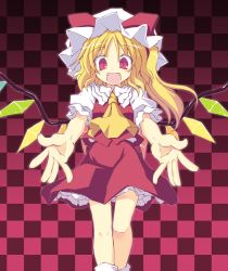 Rule 34 | 1girl, :d, blonde hair, checkered background, fangs, flandre scarlet, hat, incoming hug, long hair, looking at viewer, mob cap, open mouth, outstretched arms, outstretched hand, red background, red eyes, satou kibi, side ponytail, skirt, skirt set, slit pupils, smile, solo, touhou, wings