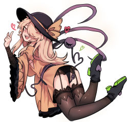 Rule 34 | 1girl, ass, between legs, blonde hair, bow, frills, from behind, full body, fusion, garter straps, hair over one eye, hat, hat bow, heart, highres, index finger raised, koishi komeiji&#039;s heart-throbbing adventure, lace, long hair, long sleeves, looking at viewer, looking back, nyong nyong, open mouth, panties, sharp teeth, shirt, smile, solo, teeth, thighhighs, third eye, touhou, underwear, wide sleeves, yakumo koishi, yellow eyes