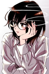 Rule 34 | 1girl, between fingers, black-framed eyewear, brown eyes, brown hair, cigarette, collared shirt, commentary, glasses, gradient background, grey background, grey shirt, hair between eyes, hand on own chin, hand up, holding, holding cigarette, long sleeves, looking to the side, medium hair, parted lips, pink lips, shirt, signature, simple background, sketch, smoke, smoking, solo, sugano manami, upper body, yamaguchi (yoiko-san to furyou-sensei), yoiko-san to furyou-sensei