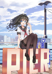 Rule 34 | 1girl, absurdres, ai cao, arm support, black footwear, black hair, black sailor collar, black skirt, blue eyes, blush, brown pantyhose, commentary request, cup, day, disposable cup, drinking straw, english text, hair between eyes, hand up, highres, knees up, loafers, long hair, midriff peek, neckerchief, original, outdoors, pantyhose, pleated skirt, railing, red neckerchief, sailor collar, school uniform, serafuku, shirt, shoes, short sleeves, sitting, skirt, solo, thighband pantyhose, water, white shirt