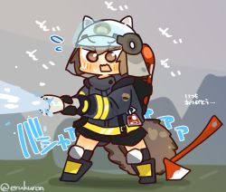 Rule 34 | 1girl, animal ears, animal ears helmet, arknights, axe, black gloves, blush, brown eyes, brown hair, commentary request, fire helmet, firefighter jacket, firefighter, gloves, helmet, holding, holding hose, hose, jacket, knee pads, lcron, long sleeves, open mouth, shaw (arknights), short hair, solo, squirrel girl, squirrel tail, tail, translation request, twitter username