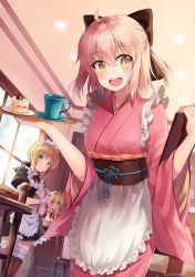 Rule 34 | 10s, 3girls, :d, ahoge, alternate costume, artist name, artoria pendragon (all), artoria pendragon (fate), black bow, blonde hair, blush, bow, breasts, brown legwear, cake, choker, cleavage, closed mouth, coffee, coffee mug, commentary request, cup, enmaided, fate/extra, fate/grand order, fate/stay night, fate (series), food, gloves, green eyes, hair bow, hand on own cheek, hand on own face, highres, japanese clothes, koha-ace, looking at viewer, looking to the side, maid, maid headdress, medium breasts, mug, multiple girls, nero claudius (fate), nero claudius (fate) (all), nero claudius (fate/extra), nonono (nononotea), okita souji (fate), okita souji (koha-ace), open mouth, saber (fate), short hair, smile, standing, thighhighs, white gloves, yellow eyes, zettai ryouiki
