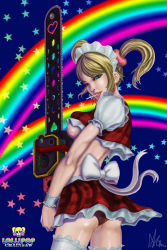 Rule 34 | 1girl, alternate costume, aqua eyes, back, blonde hair, blue eyes, bow, breasts, candy, chainsaw, copyright name, crop top, cuffs, food, grasshopper manufacture, juliet starling, large breasts, lips, lipstick, lollipop, lollipop chainsaw, maid, maid headdress, makeup, midriff, mouth hold, no bra, panties, pantyshot, plaid, puffy short sleeves, puffy sleeves, rainbow, red panties, scrunchie, short sleeves, short twintails, signature, solo, star (symbol), thighhighs, twintails, underboob, underwear, waitress, weapon, white thighhighs, wrist cuffs, xiglin