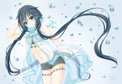 Rule 34 | 1girl, bandeau, bare shoulders, black hair, blue background, coat, cowboy shot, hand in own hair, highres, kalina (skiki86320), long hair, looking at viewer, scarf, see-through, shorts, simple background, smile, solo, standing, thigh strap, utau, very long hair, water, water drop, xia yu yao