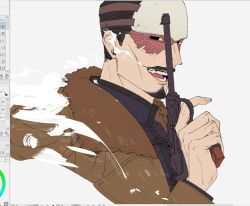 Rule 34 | 1boy, art program in frame, blue jacket, borchardt c-93, brown coat, buttons, coat, facial hair, golden kamuy, gun, handgun, holding, holding gun, holding weapon, jacket, long sleeves, looking at viewer, male focus, mustache, open mouth, sa0429sa, simple background, smile, solo, tsurumi tokushirou, upper body, weapon, white background
