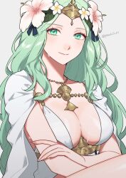 Rule 34 | 1girl, bikini, blush, breasts, cape, cleavage, fire emblem, fire emblem: three houses, fire emblem heroes, flower, green eyes, green hair, grey background, hair flower, hair ornament, highres, large breasts, long hair, looking at viewer, nintendo, official alternate costume, peach11 01, rhea (fire emblem), rhea (summer) (fire emblem), simple background, smile, solo, swimsuit, thighs, upper body, very long hair, white bikini, white cape, white flower