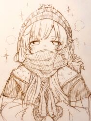 Rule 34 | 1girl, beanie, blush, enpera, gloves, graphite (medium), half-closed eyes, hat, highres, idolmaster, idolmaster shiny colors, interlocked fingers, jacket, looking at viewer, monochrome, mssglss, pom pom (clothes), scarf, scarf over mouth, sketch, solo, star (symbol), traditional media, winter clothes, yukoku kiriko