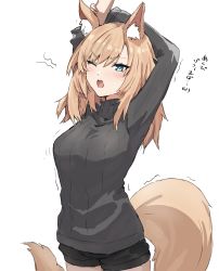 Rule 34 | 1girl, absurdres, animal ears, arknights, arms behind head, black shorts, black sweater, blonde hair, blue eyes, blush, character name, cowboy shot, highres, horn/wood, horse ears, horse girl, horse tail, long hair, one eye closed, open mouth, short shorts, shorts, simple background, solo, stretching, sweater, tail, translated, whislash (arknights), white background