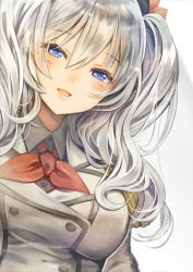Rule 34 | 10s, 1girl, ascot, blue eyes, breasts, eyelashes, female focus, hair ornament, hat, jacket, kantai collection, kashima (kancolle), large breasts, lips, madogawa, military, military jacket, military uniform, shirt, silver hair, smile, solo, taut clothes, taut shirt, tsurime, twintails, uniform, wavy hair