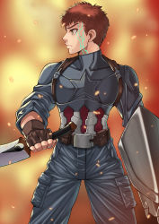 Rule 34 | 1boy, absurdres, avengers: infinity war, avengers (series), belt, blue pants, brown gloves, captain america, captain america (cosplay), cosplay, embers, emiya shirou, fate/grand order, fate/stay night, fate (series), fingerless gloves, fire, gloves, highres, holding, holding sword, holding weapon, kanshou &amp; bakuya (fate), looking to the side, magic circuit, male focus, marvel, marvel cinematic universe, nanni jjang, pants, red hair, scratches, shield, solo, star (symbol), sword, weapon, yellow eyes