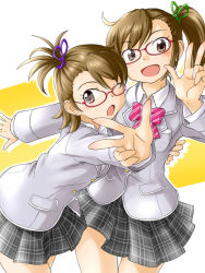 Rule 34 | 10s, 2girls, bad id, bad pixiv id, bespectacled, blazer, blush, bow, brown eyes, brown hair, foreshortening, futami ami, futami mami, glasses, hug, idolmaster, idolmaster (classic), idolmaster 2, jacket, long hair, multiple girls, one eye closed, open mouth, outstretched arm, plaid, plaid skirt, pleated skirt, ponytail, punto, school uniform, short hair, siblings, side ponytail, sisters, skirt, smile, twins, v, wink