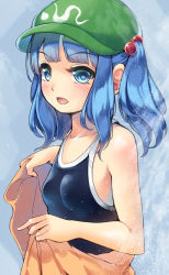 Rule 34 | 1girl, absurdres, bare arms, bare shoulders, blue background, blue eyes, blue hair, blue one-piece swimsuit, blunt bangs, blush, breasts, cabbie hat, collarbone, commentary, competition school swimsuit, green hat, hair bobbles, hair ornament, hat, highres, kawashiro nitori, looking at viewer, maremay0513, one-piece swimsuit, open mouth, school swimsuit, short hair, sidelocks, small breasts, solo, swimsuit, touhou, twintails, upper body
