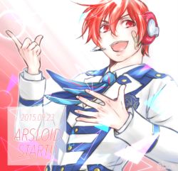 Rule 34 | 1boy, arsloid, bad id, bad pixiv id, bandaid, bandaid on face, character name, dated, fmi (ksmkt52), gradient background, headphones, male focus, pointing, pointing up, red hair, school uniform, short hair, smile, solo, text focus, twitter username, upper body, vocaloid