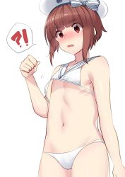 Rule 34 | !?, 10s, 1girl, akagi kurage, arm at side, bad id, bad twitter id, bare arms, bare shoulders, beret, bikini, blunt bangs, blush, bow, eyebrows, flat chest, hat, hat bow, hat ornament, highres, inactive account, kantai collection, motion lines, navel, nose blush, red eyes, red hair, sailor bikini, sailor collar, short hair, simple background, smiley face, solo, spoken interrobang, standing, stomach, striped, striped bow, swimsuit, white background, white bikini, white hat, z3 max schultz (kancolle)
