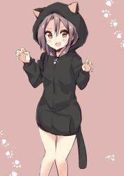 Rule 34 | 10s, 1girl, absurdres, alternate costume, amano kouki, animal hood, blush, brown eyes, brown hair, commentary request, eyebrows, hair between eyes, hands up, highres, hood, hooded jacket, jacket, kantai collection, knees together feet apart, long hair, looking at viewer, matching hair/eyes, no pants, open mouth, paw pose, paw print, solo, standing, zuihou (kancolle)