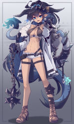 1girl abs absurdres black_hair blue_eyes breasts cleavage dragon_girl highres horns imazawa large_breasts long_hair original sandals short_shorts shorts tail thighhighs toeless_footwear underboob zettai_ryouiki