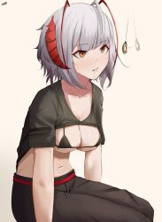 Rule 34 | 1girl, afterimage, arknights, bikini, bikini under clothes, black bikini, black pants, black shirt, breasts, brown eyes, cleavage, clothes lift, drooling, empty eyes, eroborne, grey hair, highres, horns, hypnosis, large breasts, micro bikini, mind control, multicolored hair, navel, official alternate costume, pants, parted lips, pendulum, red hair, shirt, shirt lift, short hair, short sleeves, signature, simple background, sitting, solo, swimsuit, two-tone hair, w (arknights), w (fugue) (arknights), white background