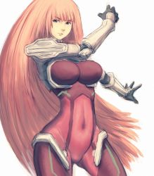 Rule 34 | 00s, 1girl, bodysuit, breasts, covered navel, curvy, fumio (rsqkr), hip focus, ken marinaris, large breasts, long hair, orange hair, simple background, solo, very long hair, wide hips, zone of the enders, zone of the enders 2