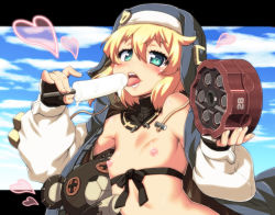 Rule 34 | 1boy, black border, black gloves, blonde hair, blue eyes, blue sky, blush, border, bridget (guilty gear), collar, day, fingerless gloves, food, gloves, guilty gear, guilty gear strive, hase yu, hood, hoodie, lips, long sleeves, looking at viewer, male focus, naked hoodie, nipples, open mouth, stuffed toy, popsicle, sexually suggestive, shirt, short hair, sky, solo, teeth, tongue, tongue out, trap, upper body