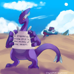Rule 34 | blue sky, claymation-nightmares, cloud, cloudy sky, commentary, creatures (company), day, desert, english commentary, english text, game freak, gen 2 pokemon, highres, holding, legendary pokemon, lugia, nintendo, outdoors, pet shaming, pokemon, pokemon (creature), pokemon xd, shadow lugia, sky, solo, standing, tumblr username
