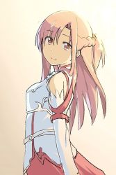 Rule 34 | 10s, 1girl, armor, asuna (sao), bad id, bad pixiv id, braid, breastplate, brown eyes, brown hair, dobasisi, french braid, from side, gradient background, half updo, kasa list, long hair, looking at viewer, smile, solo, standing, sword art online