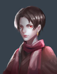 Rule 34 | 1boy, absurdres, black background, brown hair, closed mouth, earrings, highres, jewelry, kashuu kiyomitsu, long hair, looking at viewer, low ponytail, male focus, mole, mole under mouth, parted bangs, portrait, red eyes, red scarf, scarf, simple background, solo, touken ranbu, upper body, yiqing (yohare)