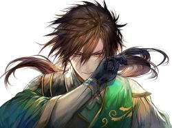 Rule 34 | 1boy, black gloves, border0715, brown eyes, brown hair, chinese clothes, closed mouth, gloves, green theme, hair between eyes, hair over one eye, hanfu, jiang wei, long hair, long sleeves, looking at viewer, male focus, ponytail, portrait, sangoku musou 1, shin sangoku musou, simple background, solo, white background, wiping face, yellow eyes