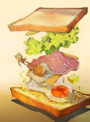 Rule 34 | 1girl, artist name, braid, bread, bread slice, brown hair, cheese, commentary request, demizu posuka, egg (food), food, grabbing another&#039;s hair, in food, lettuce, long hair, long sleeves, lying, on side, original, oversized food, oversized object, pickle, sandwich, shirt, sleeping, sunny side up egg, under covers, white shirt