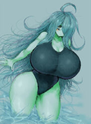 Rule 34 | 1girl, 2b-ge, ahoge, bags under eyes, blush, breasts, cleavage, collarbone, curvy, eyelashes, female focus, gigantic breasts, green theme, hair over one eye, highres, in water, limited palette, looking at viewer, mei (2b-ge), messy hair, one-piece swimsuit, original, skin tight, solo, spot color, swimsuit, thick thighs, thighs, triangle mouth, water, wide hips