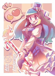 Rule 34 | 1girl, arin, bird, blue eyes, blue hair, blush, bow, breasts, candy, candy cane, food, hat, heart, highres, holding, holding candy, holding candy cane, large breasts, long hair, matching hair/eyes, pangya, smile, solo, takahero