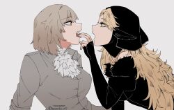 Rule 34 | 2girls, absurdres, akasukiane04, black dress, blonde hair, brown hair, collared shirt, commentary, commission, dress, dungeon meshi, ear covers, english commentary, eye contact, falin touden, falin touden (tallman), fang, feathers, finger in another&#039;s mouth, green eyes, grey background, grey shirt, highres, long hair, looking at another, marcille donato, multiple girls, off-shoulder dress, off shoulder, open mouth, shirt, short hair, simple background, tongue, tongue out, twitter username, upper body, yellow eyes, yuri