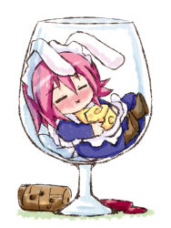 Rule 34 | 00s, :x, alcohol, animal ears, boots, cheese, chibi, closed eyes, cork, cup, drinking glass, drunk, food, glass, in container, in cup, maid, mini person, minigirl, piku, pink hair, rabbit ears, shakugan no shana, solo, wilhelmina carmel, wine