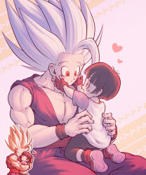 Rule 34 | 1boy, 1girl, :d, :o, ^ ^, biceps, black hair, black pants, black wristband, blunt bangs, blush, blush stickers, boots, brown footwear, brown gloves, child, closed eyes, closed mouth, collarbone, commentary request, dougi, dragon ball, dragon ball super, dragon ball super super hero, eye contact, eyelashes, father and daughter, fingerless gloves, gloves, gohan beast, hands up, happy, heart, highres, hug, koukyouji, looking at another, muscular, muscular male, open mouth, pan (dragon ball), pants, pectorals, red eyes, red sash, sash, shirt, short hair, short sleeves, simple background, sitting, smile, son gohan, spiked hair, t-shirt, two-tone background, white background, white hair, white shirt, wristband
