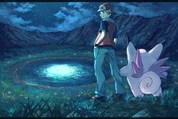 Rule 34 | 00s, 1boy, baseball cap, black shirt, brown hair, clefable, clefairy, closed eyes, cloud, cloudy sky, creatures (company), denim, field, flower, flower field, game freak, gen 1 pokemon, grass, hands in pockets, hat, jeans, lake, looking at viewer, looking back, moonlight, mountain, night, night sky, nintendo, outdoors, pants, pippi (pixiv 1922055), plant, pointy ears, pokemon, pokemon (creature), pokemon frlg, red (pokemon), red (pokemon frlg), reflection, rock, shirt, short hair, short sleeves, sky, standing, star (sky), star (symbol), starry sky, vest, water, wings