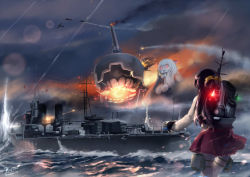 Rule 34 | 10s, 2girls, aircraft, airfield princess, airplane, destroyer, from behind, funnel, giant, giantess, glowing, glowing mouth, historical name connection, huge giantess, kantai collection, military, military vehicle, multiple girls, naganami (kancolle), name connection, object namesake, ocean, projectile trail, radio antenna, ship, smoke trail, smokestack, stormy waters, torpedo, tracer ammunition, projectile trail, tsubasa (abchipika), turret, vehicle focus, warship, water, watercraft