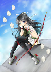 Rule 34 | 10s, 1girl, :d, armpit cutout, armpits, black hair, black thighhighs, blue eyes, blue sky, blush, bow (weapon), chize, clothing cutout, crop top, day, flat chest, japanese clothes, kantai collection, katsuragi (kancolle), legs, long hair, looking at viewer, midriff, miniskirt, open mouth, ponytail, remodel (kantai collection), shikigami, short sleeves, sitting, skirt, sky, smile, solo, thighhighs, weapon