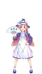 Rule 34 | 1girl, :d, akikawa yayoi (umamusume), animal, animal on head, blue eyes, brown hair, cat, cat on head, crop top, dress, folding fan, full body, hand fan, hat, highres, holding, holding fan, jacket, looking at viewer, mary janes, multicolored hair, official art, on head, open mouth, purple footwear, purple jacket, shoes, smile, solo, sun hat, transparent background, two-tone hair, umamusume, white dress, white hair, white hat