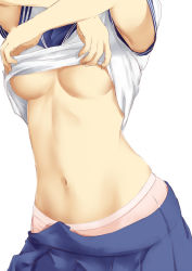Rule 34 | 1girl, arms up, bare arms, blue skirt, breasts, clothes lift, clothes pull, derivative work, head out of frame, highres, lifted by self, medium breasts, navel, niwatazumi, original, out of frame, panties, photo-referenced, pink panties, pink skirt, pleated skirt, shirt, shirt lift, short sleeves, simple background, sketch, skirt, skirt pull, solo, stomach, underboob, underwear, undressing, white background, white shirt