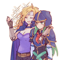 Rule 34 | 2girls, alonemistrist, arm around shoulder, armor, blonde hair, breasts, brown gloves, cape, cleavage, closed eyes, closed mouth, commentary, english commentary, fingerless gloves, fire emblem, fire emblem: radiant dawn, gloves, green eyes, green hair, headband, heather (fire emblem), helmet, multiple girls, nephenee (fire emblem), nintendo, open mouth, purple cape, purple shirt, shirt, shoulder armor, sweatdrop, upper body, white background, white headband