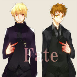 Rule 34 | 2boys, blonde hair, blood, brown hair, cosplay, cross, emiya kiritsugu, emiya kiritsugu (cosplay), emiya shirou, fate/stay night, fate/zero, fate (series), gilgamesh (fate), haine (howling), kotomine kirei, kotomine kirei (cosplay), long coat, male focus, multiple boys, necktie, pointing, red eyes, yellow eyes