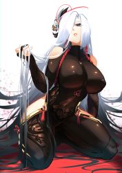 Rule 34 | 1girl, absurdres, black bodysuit, black eyes, bodystocking, bodysuit, breasts, bridal gauntlets, clothing cutout, covered erect nipples, covered navel, flower knot, genshin impact, hair ornament, hair over one eye, highres, hip vent, holding, holding hair, large breasts, lips, long hair, looking at viewer, one eye covered, parted bangs, parted lips, shenhe (genshin impact), shiny clothes, shoulder cutout, sitting, solo, thighs, turtleneck, two-tone background, very long hair, white hair, white pubic hair, zaekyn
