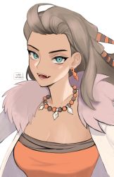 Rule 34 | 1girl, :d, absurdres, bead necklace, beads, breasts, brown hair, cleavage, coat, commentary, creatures (company), earrings, fur-trimmed coat, fur trim, game freak, green eyes, hair ornament, highres, jewelry, long hair, looking at viewer, necklace, nintendo, open mouth, orange shirt, pokemon, pokemon sv, sada (pokemon), shirt, smile, solo, teeth, tongue, upper body, wabiwasabi, white coat