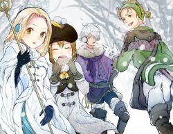 Rule 34 | 2boys, 2girls, alfyn (octopath traveler), blonde hair, brown hair, closed eyes, dress, gloves, green eyes, hair over one eye, hat, highres, jewelry, long hair, multiple boys, multiple girls, necklace, octopath traveler, octopath traveler i, open mouth, ophilia (octopath traveler), ponytail, rico ot, scarf, short hair, simple background, smile, snow, therion (octopath traveler), tressa (octopath traveler), white hair