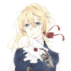 Rule 34 | 10s, 1girl, absurdres, ascot, blonde hair, blue eyes, blue jacket, hair ribbon, highres, holding, jacket, looking at viewer, mail, mechanical arms, prosthesis, prosthetic arm, red ribbon, ribbon, shenwuyue xiaoye, short hair, solo, violet evergarden, violet evergarden (series)