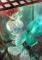 Rule 34 | 1girl, ariel (disney), bdsm, bondage, bound, bound arms, bound tail, breasts, chain, cleavage, closed eyes, female focus, large breasts, mermaid, midriff, monster girl, navel, red hair, solo, the little mermaid, the little mermaid (andersen), yd (orange maru)