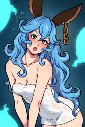 Rule 34 | 1girl, akairiot, animal ears, blue hair, blush, breasts, collarbone, commentary, ear chain, ferry (granblue fantasy), gradient background, granblue fantasy, highres, leaning forward, long hair, looking at viewer, naked towel, open mouth, small breasts, solo, symbol-only commentary, teeth, thighs, towel, upper teeth only, v arms, very long hair, wavy hair, wet, wet towel, yellow eyes