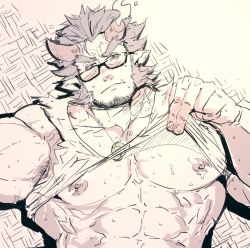 Rule 34 | 1boy, abs, armpit hair, bare pectorals, beard, black hair, blush, clothes lift, facial hair, fang, glasses, horns, jewelry, looking at viewer, male focus, monochrome, muscular, necklace, nipples, pectorals, rybiok, shirt lift, simple background, solo, sweatdrop, takemaru (housamo), tank top, tokyo houkago summoners