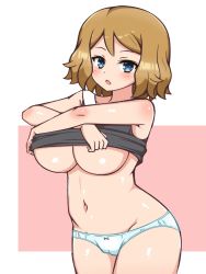 Rule 34 | 1girl, blue eyes, breasts, brown hair, cameltoe, chro (rulurullu), clothes lift, creatures (company), game freak, large breasts, looking at viewer, navel, nintendo, open mouth, panties, pokemon, pokemon (anime), pokemon xy (anime), serena (pokemon), shirt, shirt lift, short hair, solo, underboob, underwear, undressing