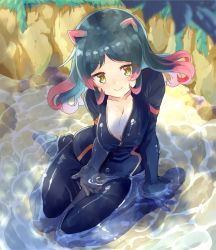 Rule 34 | 10s, 1girl, animal ears, blue hair, blush, breasts, catsuit, cleavage, collarbone, from above, hippopotamus (kemono friends), hippopotamus ears, kemono friends, large breasts, long hair, looking at viewer, multicolored hair, naka akira, open clothes, partially submerged, pink hair, pool, sitting, smile, solo, wariza, yellow eyes, zipper